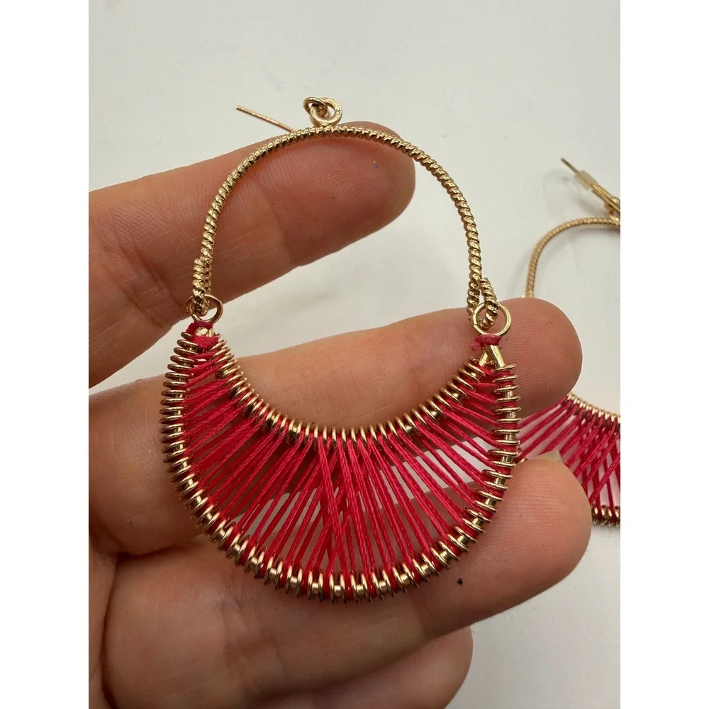 Gold‎ Tone Red Thread Wrapped Hoop Earrings Boho Crescent Drop Dangle Fishhook